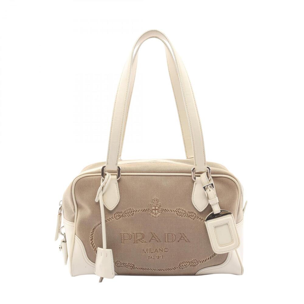 Prada LOGO JACQUARD Handbag Canvas Leather Beige White